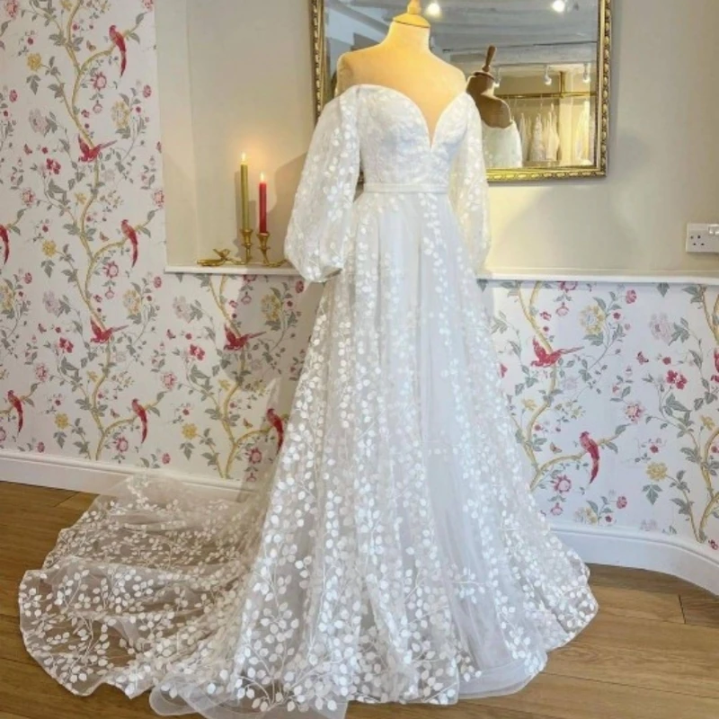 

Vestidos de Noiva Wedding Dress Long Puff Sleeve Lace Appliques V Neck Off the Shoulder 2023 Bridal Gown Party Gowns