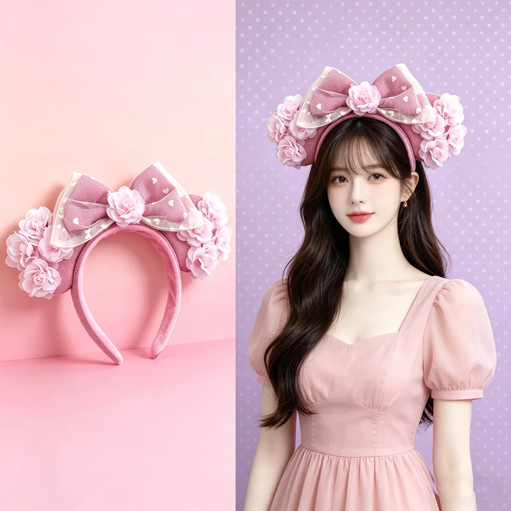 매혹적인 핑크 꽃무늬 미키 마우스 귀 머리띠 거즈 리본 헤어밴드 생일 파티 할로윈 공주 코스프레 의상 여성용