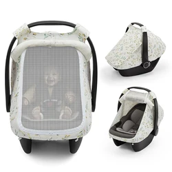 Breathable Muslin Cotton Baby Car Seat Canopy Cover with Mesh Window & Sun Shade (Flower)