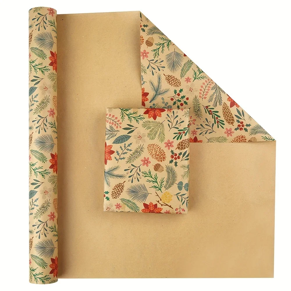 Christmas Gift Wrapping Paper, Dreamy Flower and Leaf Patterns, Vintage Kraft Paper Gift Paper, Pine Cone, Tree, Reindeer Design