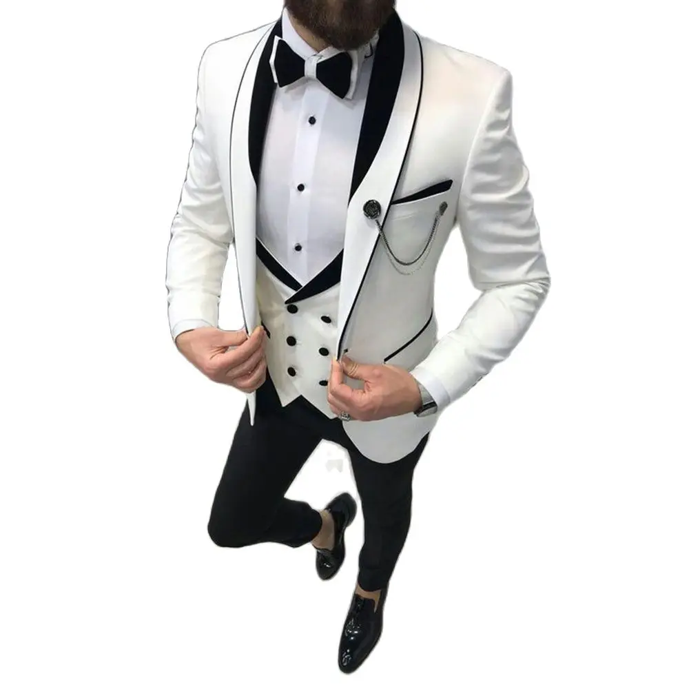 

White Shawl Collar Splice 3pcs Set Full Men Suit Set Wedding Groom Custom Made Jacket Pants Slim Fit Prom Blazer Trousers Outfit