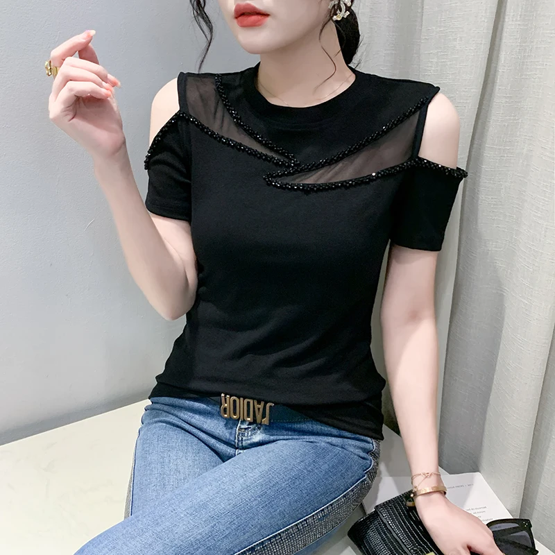 Women's Lace Beaded Shirt 2023 Summer New Korean Fashion Design