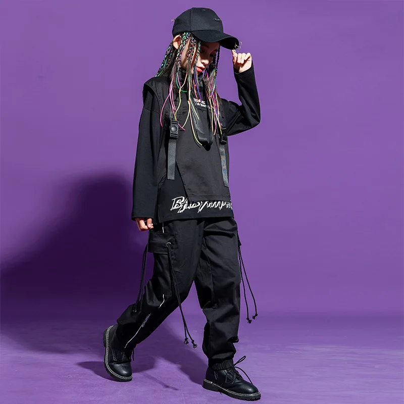 Boy Hip Hop Girl High Collar Vest Cargo Pants Outfits Child Sweatshirt Joggers Street Dance Kids Waistcoat Streetwear Costumes - Image 3