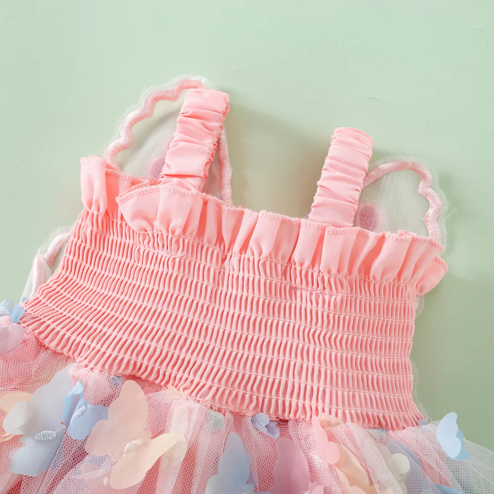 Baby-Mädchenkleid, Sommerkleid mit Schmetterlingsflügeln und Schmetterlingsmuster, Neckholder, bauschiges Babykleid, süßes, lässiges Strandkleid für Mädchen, Kinderkleid – Detail 9