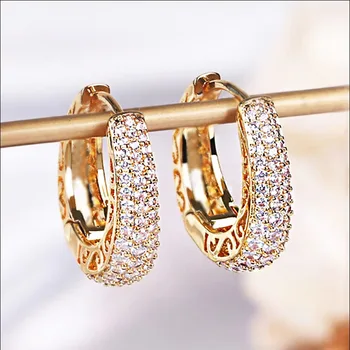 Huitan oco cor de ouro brincos de argola para mulheres pavimentadas deslumbrante cz pedra luxo na moda feminino círculo brincos jóias de declaração 1