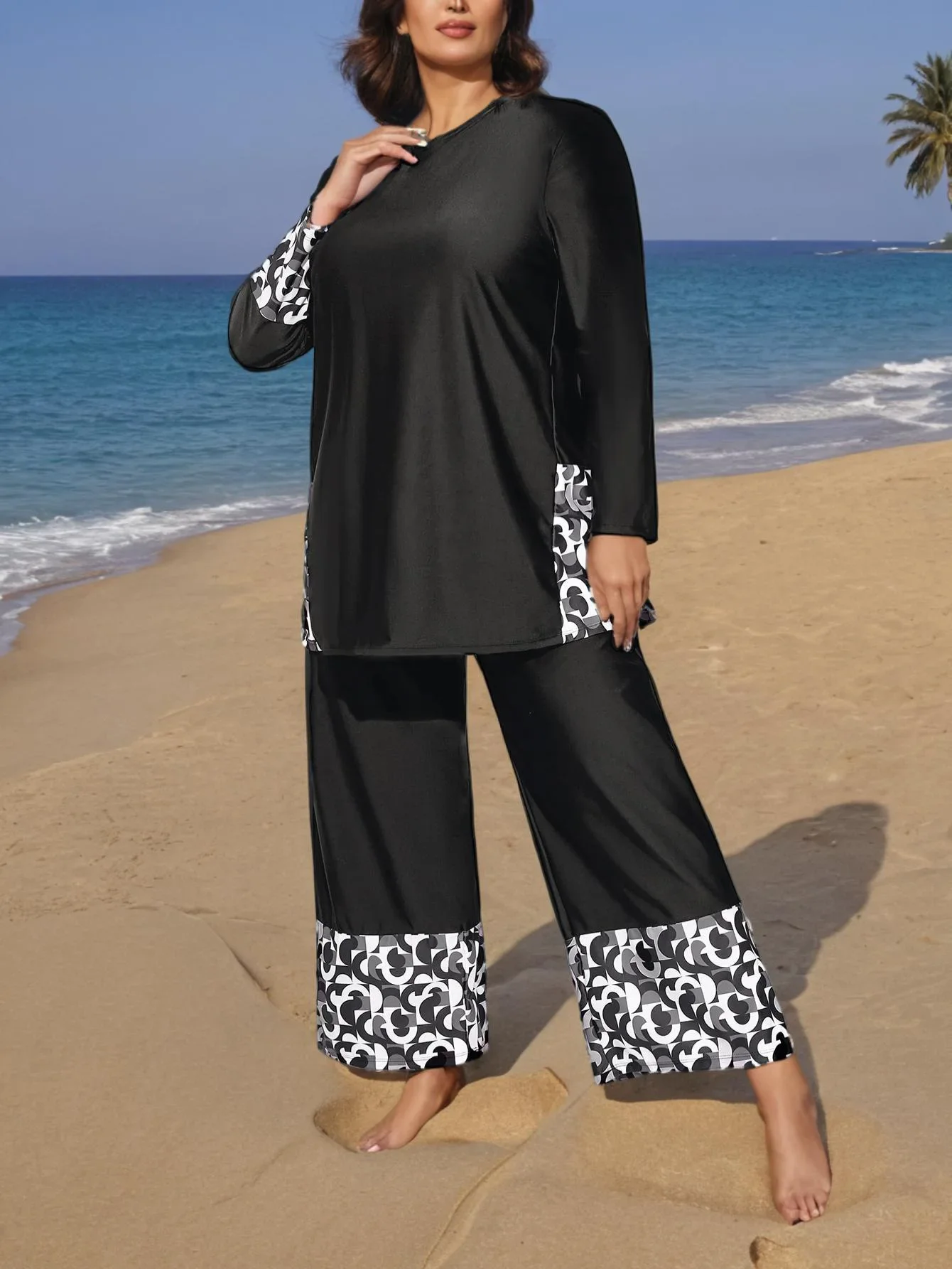 Women Muslim Swimwear Maple Leaf Printing Lslamic Clothes Hijab Long Sleeves Sport Swimsuit Burkinis Bathing Suit Abaya, women swimwear, muslim swimwear