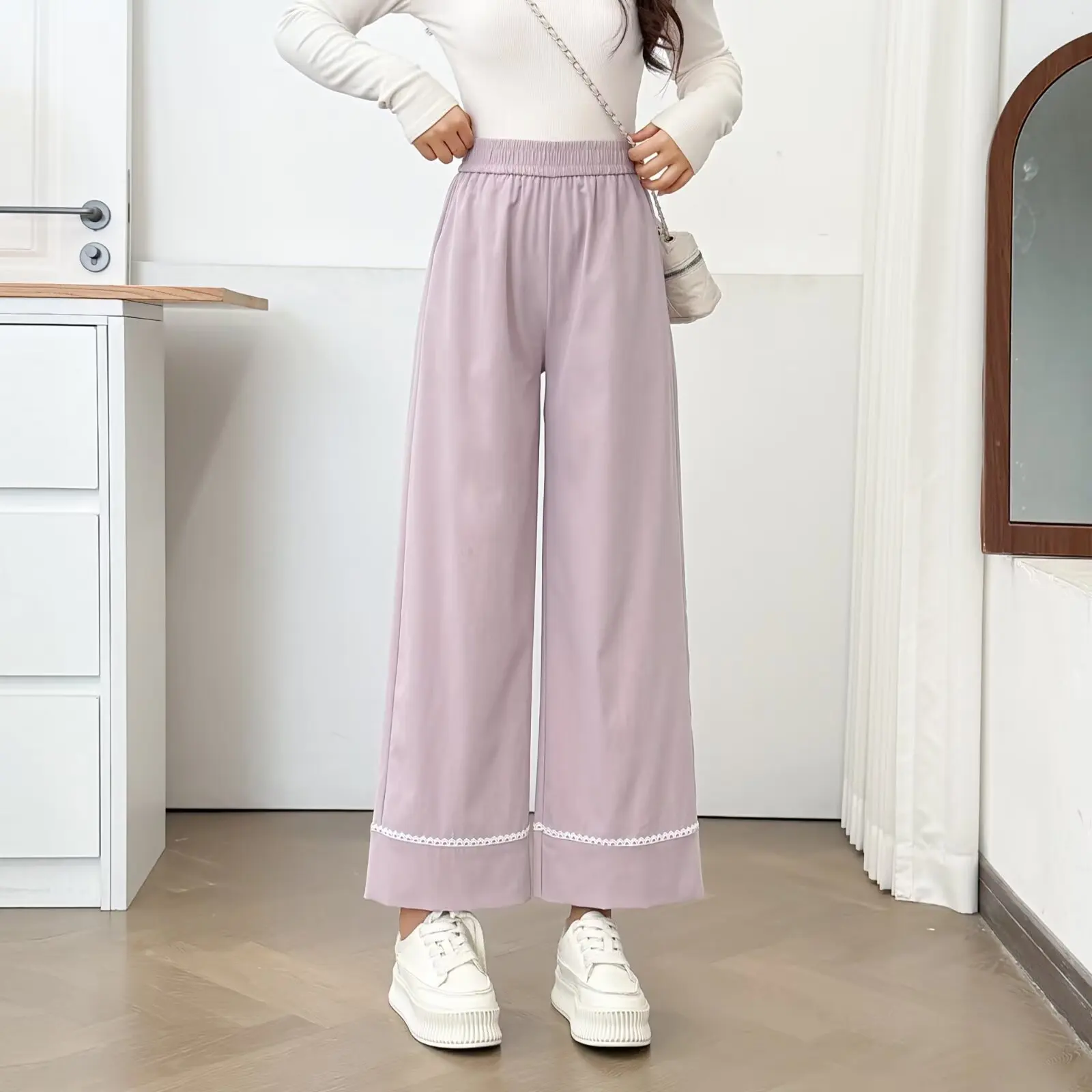 Fashion Plus Size Women's Straight Leg Pants 2025 Autumn New Style Simple Lace Patchwork Casual Ankle Length Trousers 6019