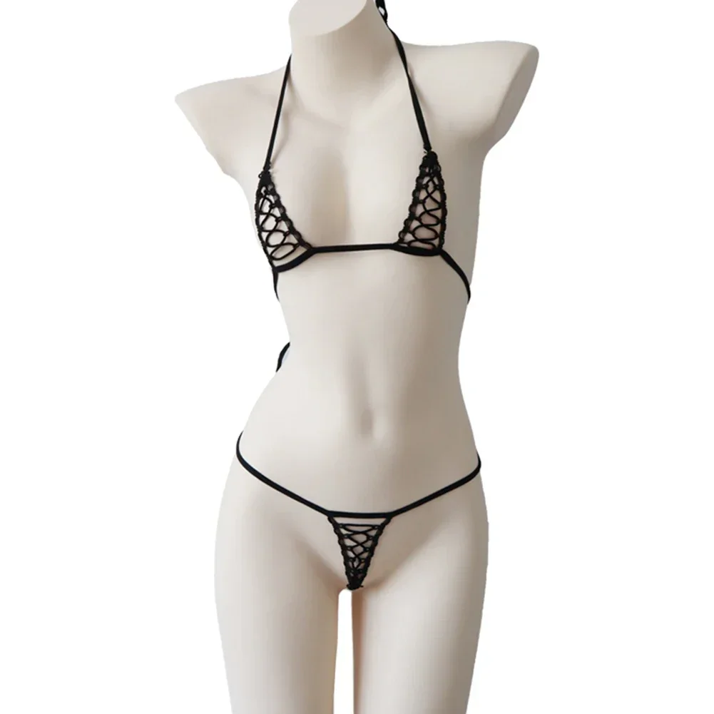 Women Sexy Lingerie Bra Hollow Three Point Elastic Bikini Pajamas Set Ladies Thin Straps Bra + Brief