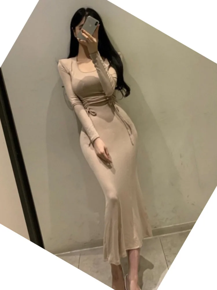 

Sweet Korea New Drawstring Pleats High Waist Slim Sexy Long Sleeve Dresses Shoulder Pads Robe Hot Sexy Tops 2022 U666