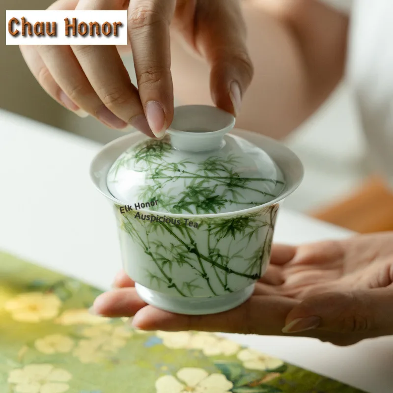 130ml Hand-painted Bamboo Trees Gaiwan Handmade Tea Tureen Tea Bowl With Lid Kit Tea Maker Cover Bowl Tea Ceremony Ornaments
