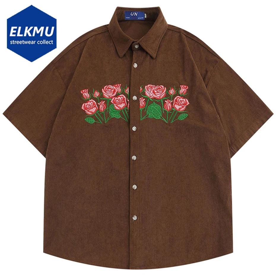 

Flower Embroidery Corduroy Shirts Men Vintage Loose Button Up Blouse Harajuku Streetwear Oversized Hip Hop Man Shirts Y2K Tops