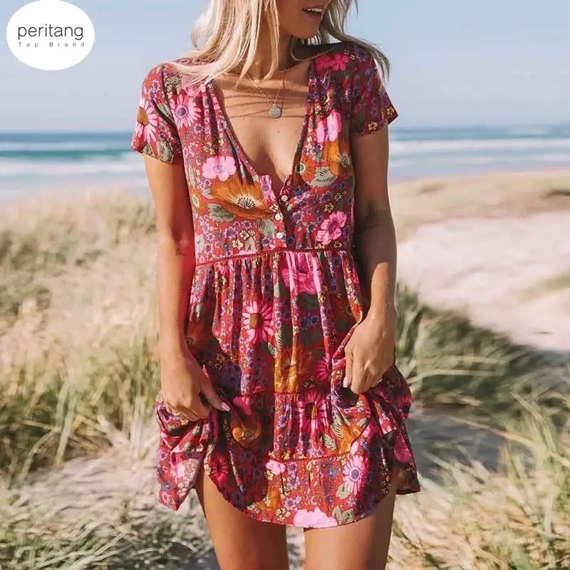 

Женское платье в стиле бохо, летнее платье из искусственного шелка с цветочным принтом, V-образным вырезом, пуговицами спереди и рукавами спереди, мини-платье в богемном стиле