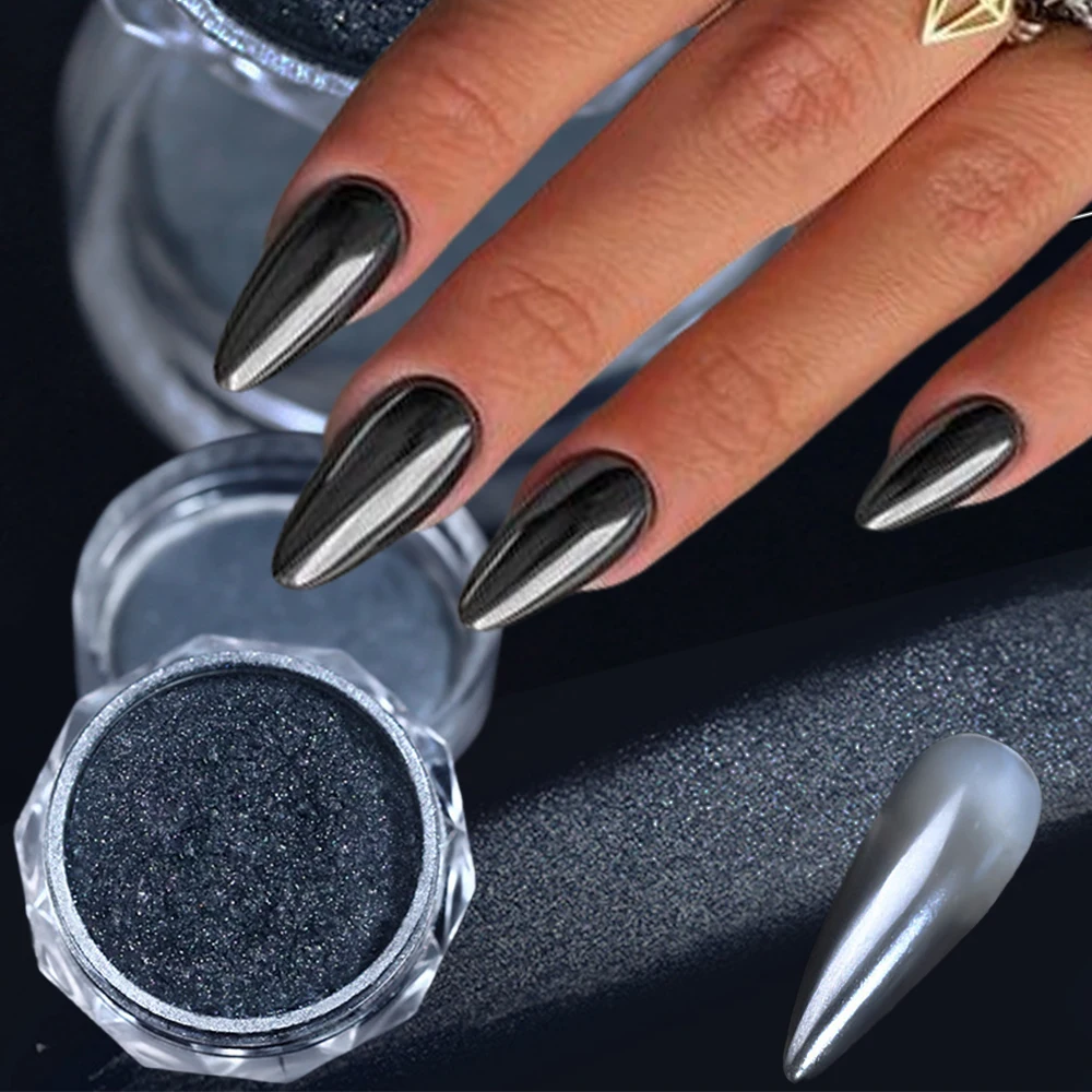 Black Metal Chrome Powder 1Jar Aurora Pearl White Mirror Effect Colorful Glitter Rubbing Dust On Manicure DIY Decoration