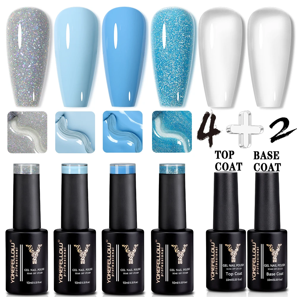 YOKEFELLOW 6Pcs Gel Nail Polish Set Top Coat and Base Coat Gray Glitter Blue Gel Nail Polish Set UV Soak Off Manicure for Women