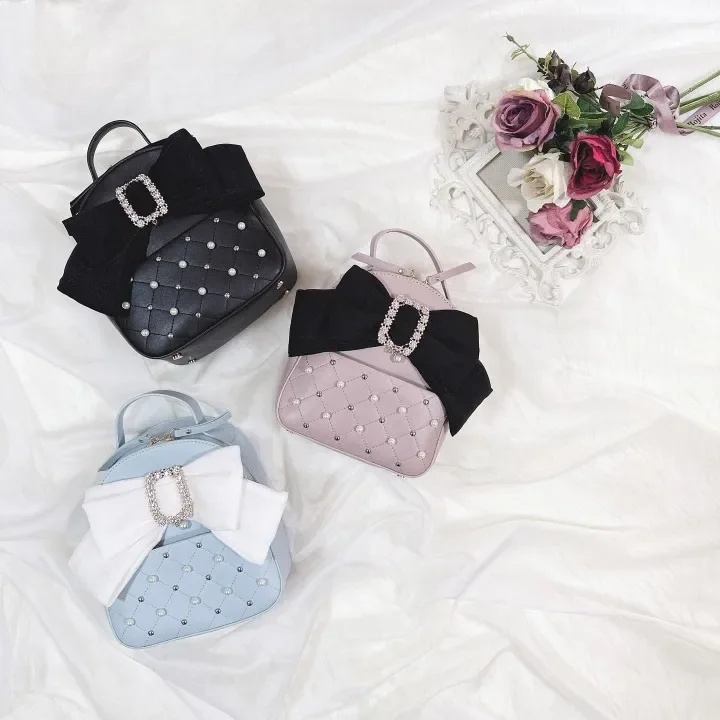 Japanese Rojita Rhinestone Bowknot Shoulder Bag Student Girls Pearl Bow Mine Mass-Produced Backpack Cute Leather Bags