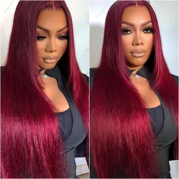 30 40 Inch 99J Colored 13x6 Lace Front Human Hair Wig Straight Burgundy 13x4 HD Transparent Lace Frontal Wigs Red Wigs For Women 1