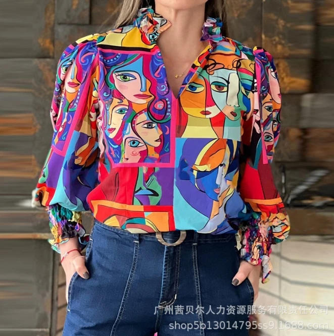 Women's Spring/summer Top Button Hip Hop Art Girl Style Color Contrast Abstract Figure Print Long Sleeved Polo Neck Shirt