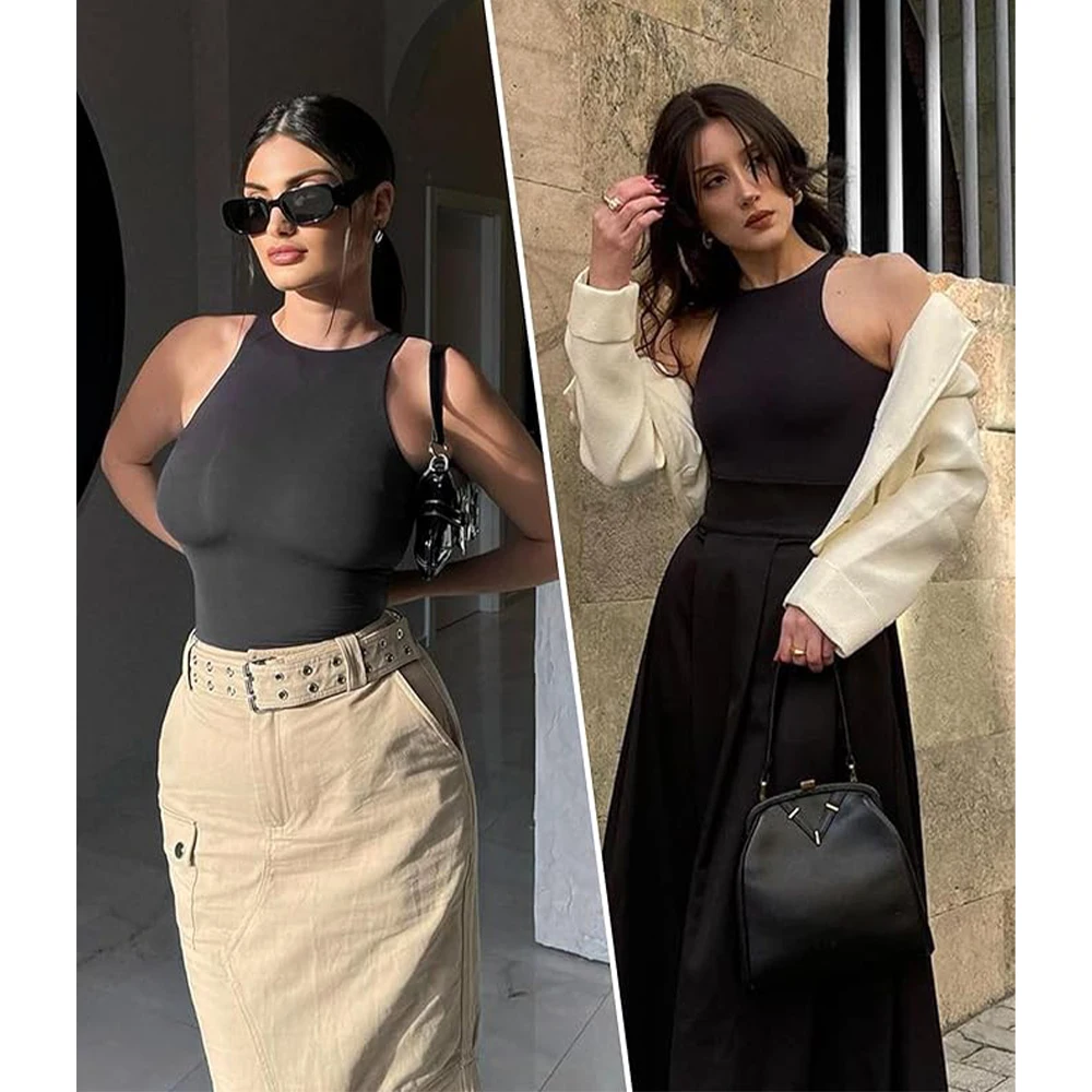 AROHA  Sleeveless Bodysuit Tops Body-Hugging T-shirt Women Crew Neck Bodywear Thong Jumpsuit Slimming Catsuits  Leotards Shaper