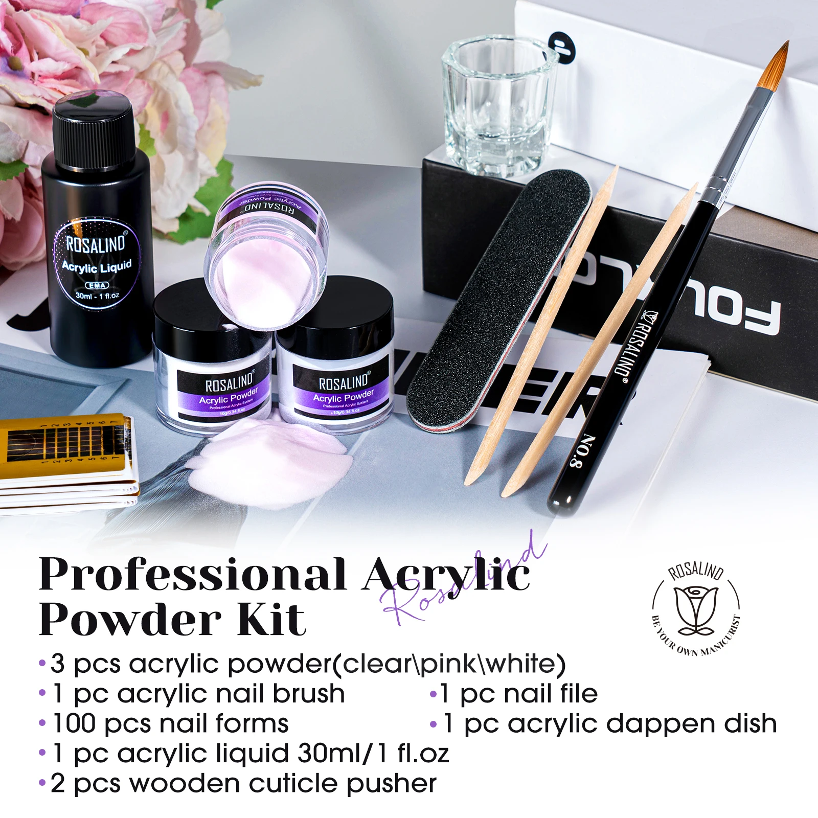 ROSALIND Clear Pink Acrylic Nail Powder Kit