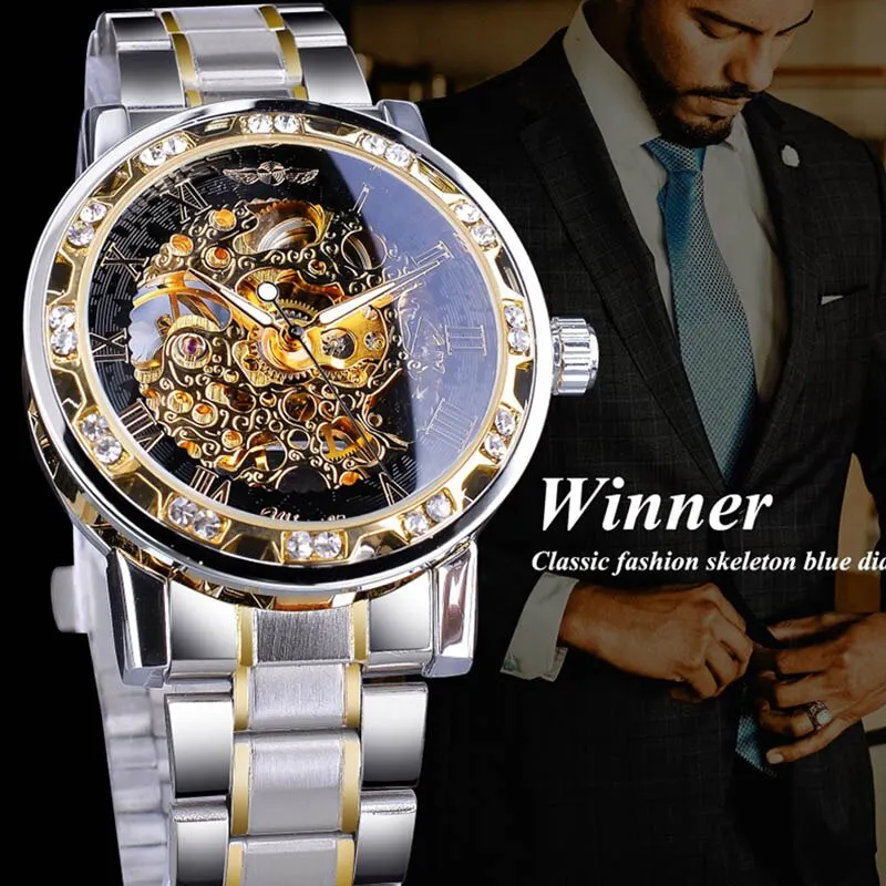 Mechanical Watch Men 1pc Silver Exquisite Diamond Gear Movement Business Luxury Gift