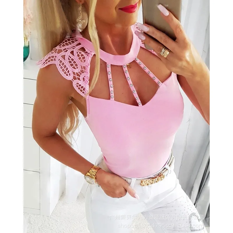 

Wepbel Cutout Beaded Vest Top Women Slim Fits Sexy Short Tops Tanks Solid Color Vest Top Studded Lace Patch Hollow Out Tank Top