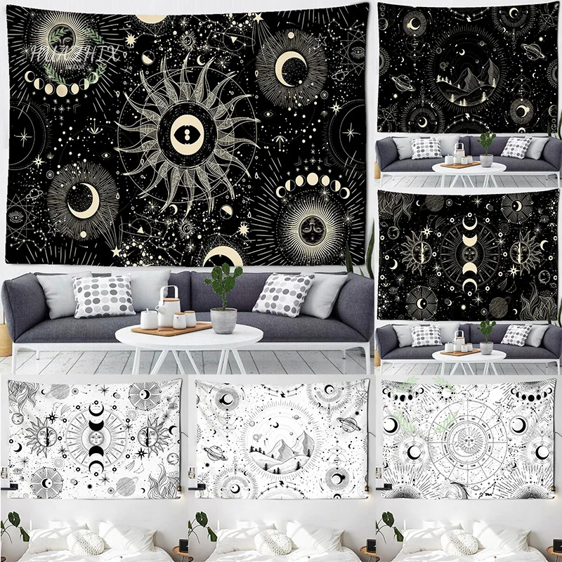

White Black Sun Moon Mandala Starry Sky Tapestry Wall Hanging Bohemian Gypsy Psychedelic Tapiz Witchcraft Astrology Tapestry