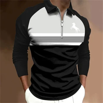 Polo a maniche lunghe con mezza zip e risvolto a righe color block, ricamo minimal, top casual per tutti i giorni