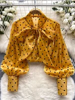 Femmes printemps automne chemise mode français rétro décontracté haut de gamme à pois Blouse avec manches à bulles nœud Design haut S263 2