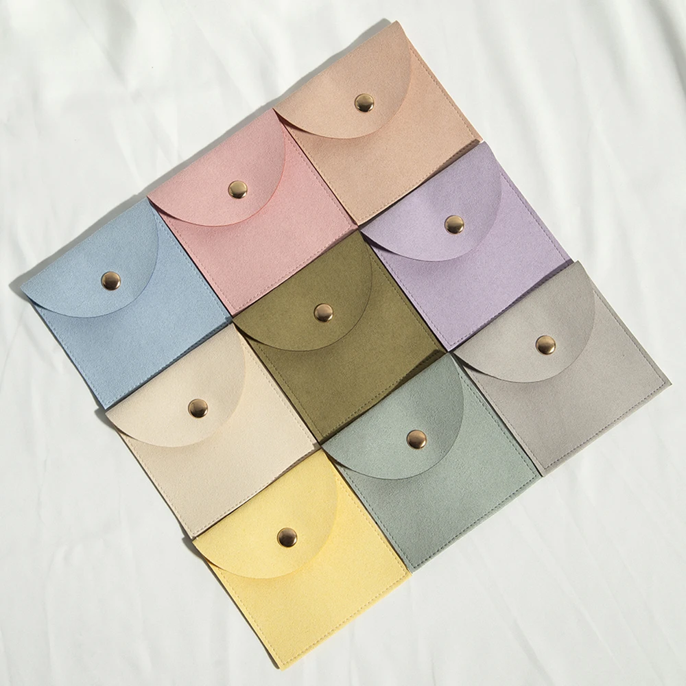 1pc mini envelope jewelry bag snap button closure luxury microfiber suede jewelry necklace earrings packaging pouch bags 100pcs 8x8cm Suede Microfiber Pouches with Snap Button for Jewelry Ring Earrings Brooch Bracelet Envelope Packaging Bags Custom