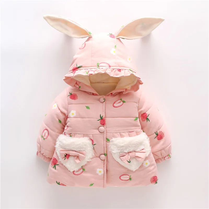 Winter Girls' Jackets Bags Cartoon Strawberry Prints Single Breasted Rabbit Ears Hooded Cotton Clothes 2 Pieces/Set