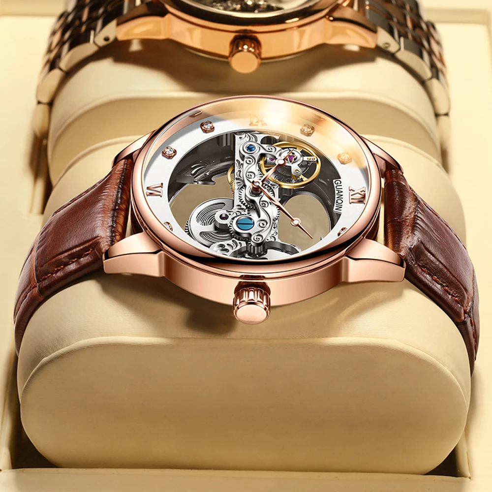 GUANQIN Hollow Men's Watches 2024 Top Brand Luxury Automatic Watch For Men Mechanical Wristwatch Clock Waterproof Sports Leather