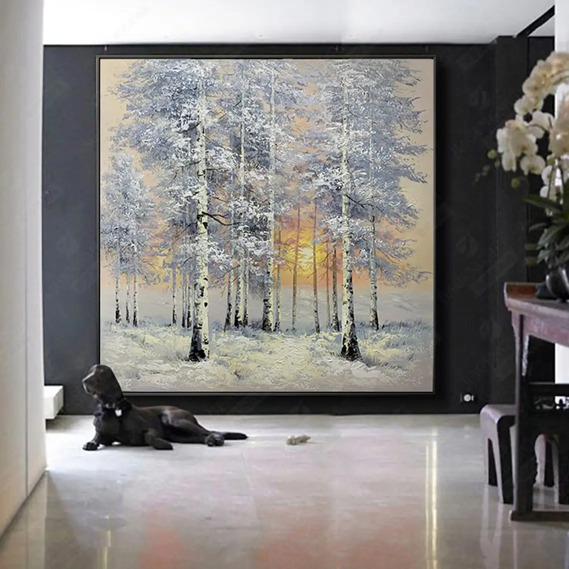 

Hand Painted Oil Painting Snow Scene Birch Rorest Art Decorative Painting Landscape Wall Art Large Mural Art Gift Christmas Gift