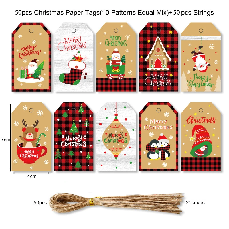 Etiquetas De Regalo Navideñas - 50 Unidades Kraft + Cordel De Yute, 25 Diseños Diferentes