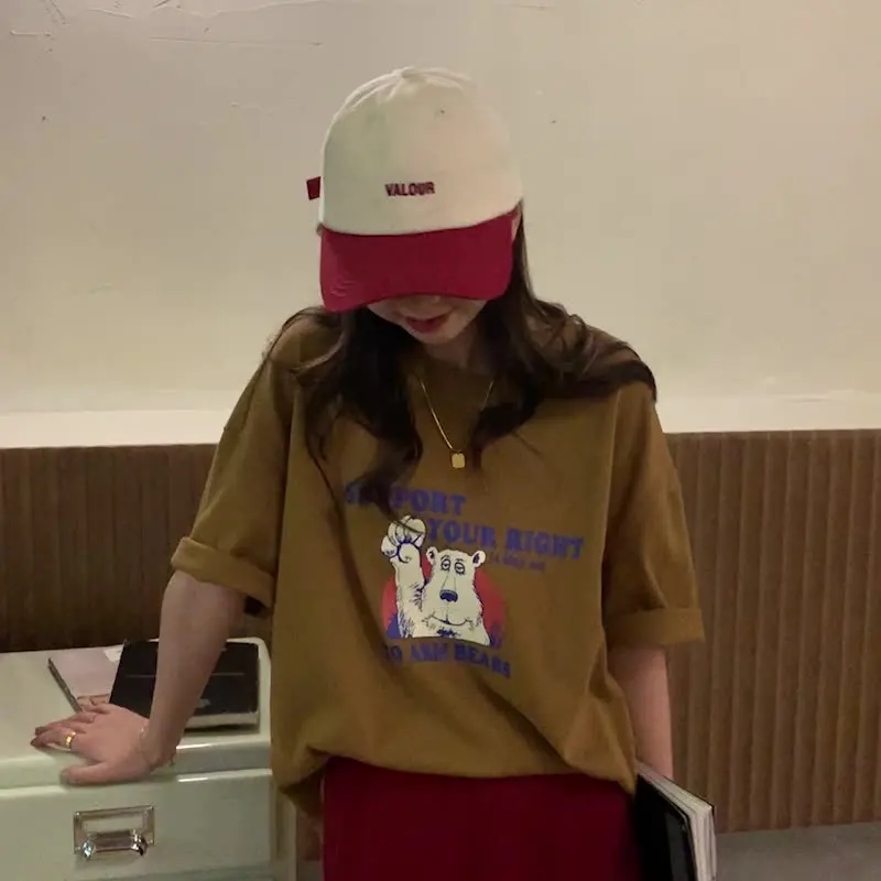 

Новая футболка с мультяшным принтом, женские летние модные простые универсальные повседневные Свободные корейские женские топы с круглым вырезом и короткими рукавами, футболка 2022