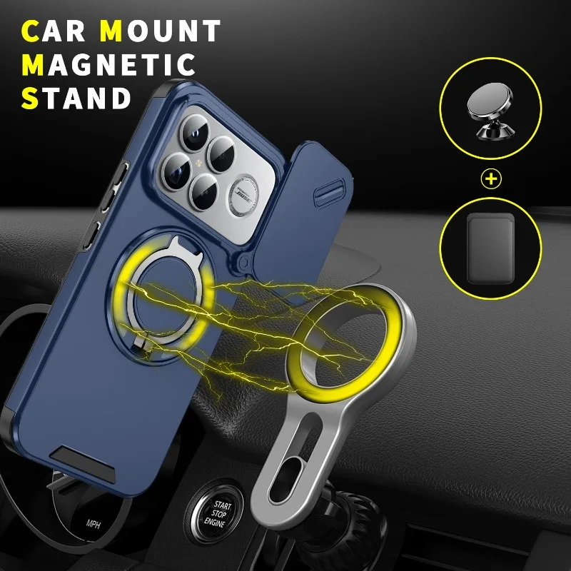 Enhanced Shockproof Hybrid Magnetic Ring Stand Phone Case with Slide Lens Armor Hard Cover