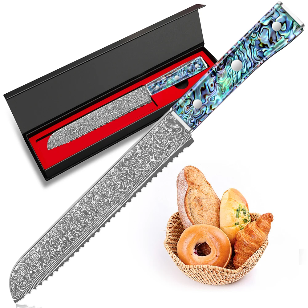 Damaskus-Kuchenmesser, Brotmesser aus Hochkarbon-Stahl mit Wellenschliff, Ergonomischer Griff für Präzisionsschnitte von Toast und Baguettes