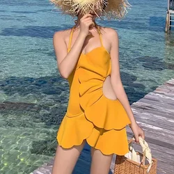 Summer Sexy Y2k New Swimsuit Women Elegant Fashion Minimalist Chic Stripe Solid Color Ruffles Off the Shoulder Hollow Out Bikini