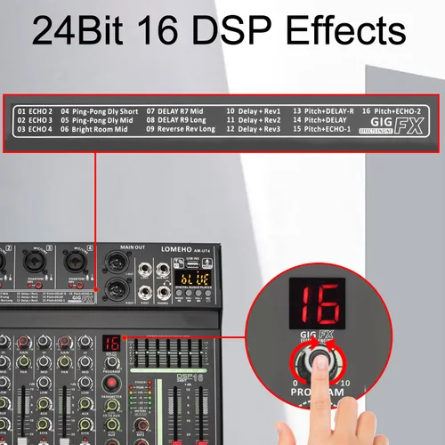 LOMEHO 4 채널 마이크 입력 오디오 믹서, 7 밴드 EQ 16 DSP 이펙트, 블루투스 믹싱 콘솔, 48V USB 재생, 레코드 사운드 테이블 AM-UT4 5