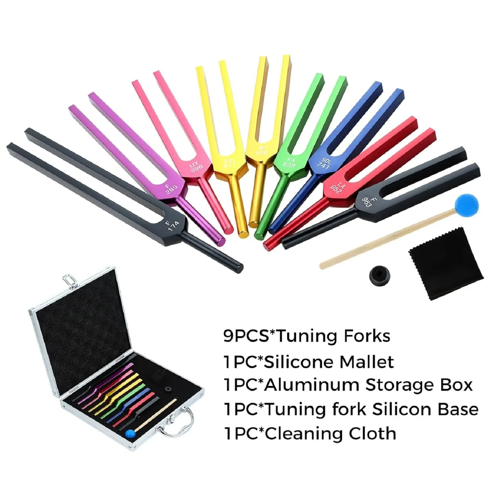 

Colorful Solfeggio Tuning Forks Set 174/285/396/417/528/639/741/852/963Hz with Hammer Aluminum Box for DNA Healing Sound Therapy