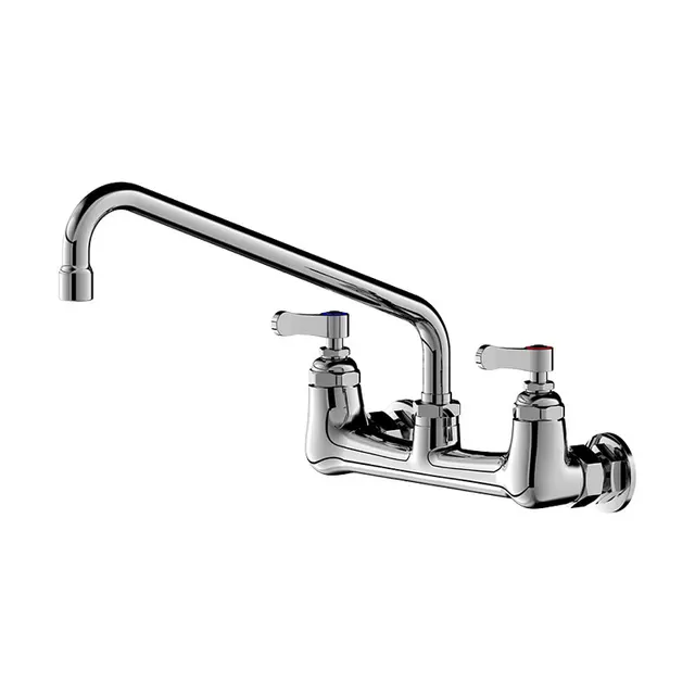 ก๊อกน้ําผสมติดผนังสองรู - ก๊อกน้ําอ่างล้างจานเชิงพาณิชย์ทองแดงพร้อมหัวฉีดสวิงและคอห่านหมุนสําหรับอ่างล้างหน้าในครัว 1