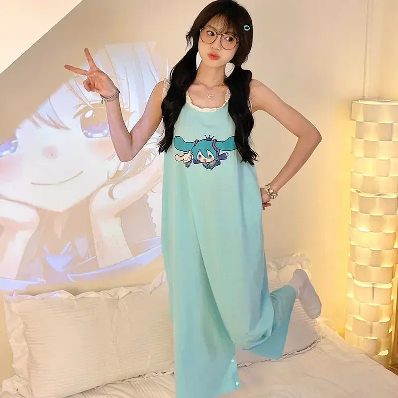Hatsune Miku One-piece Pajamas Women's Summer Thin Cotton Ruffled