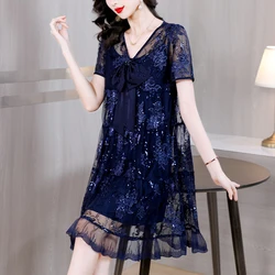 Women's Blue Embroidery Floral Chic Sequins Midi Dress Summer Elegant Mesh Sheer Sexy Dress 2024 Korean Vintage Ruffled Dresses