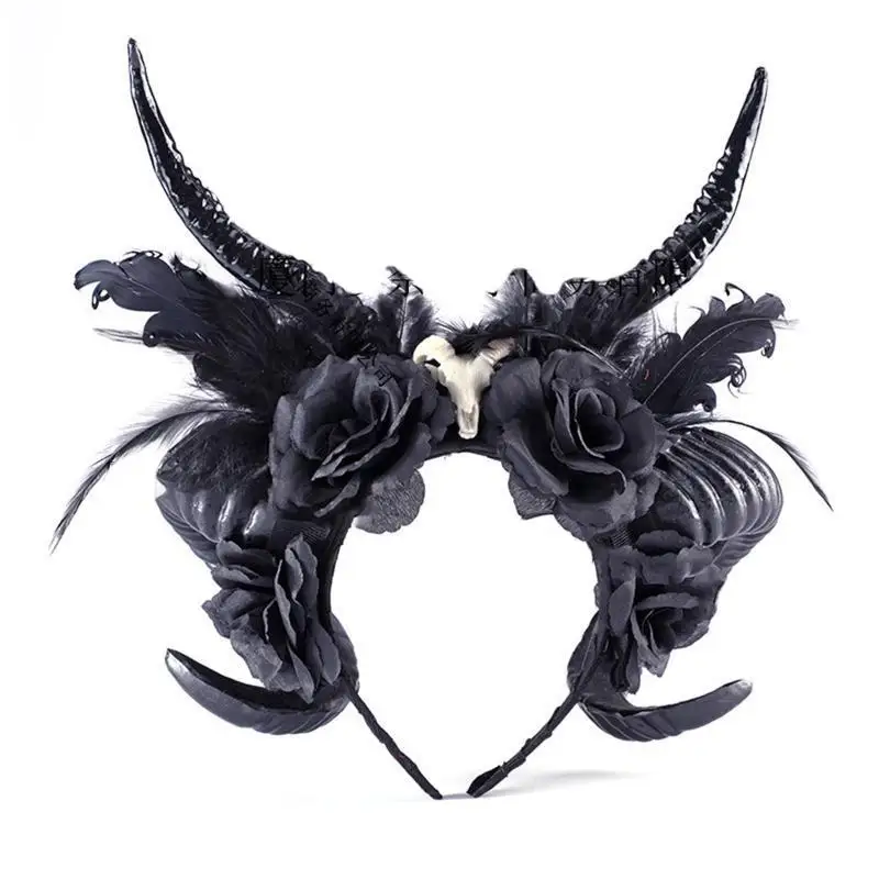 39BD Halloween Feder Schaf Horn Haarreifen Böse Königin Haarband Cosplay Kostüm Magische Hexe Kopfbedeckung Zubehör für Mädchen – Detail 8