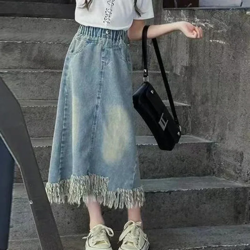 Kids Girls Mid-Calf Tassel Skirts New Teenage Girls Denim Skirts Children Casual Summer Thin Casual Skirt Korean Style