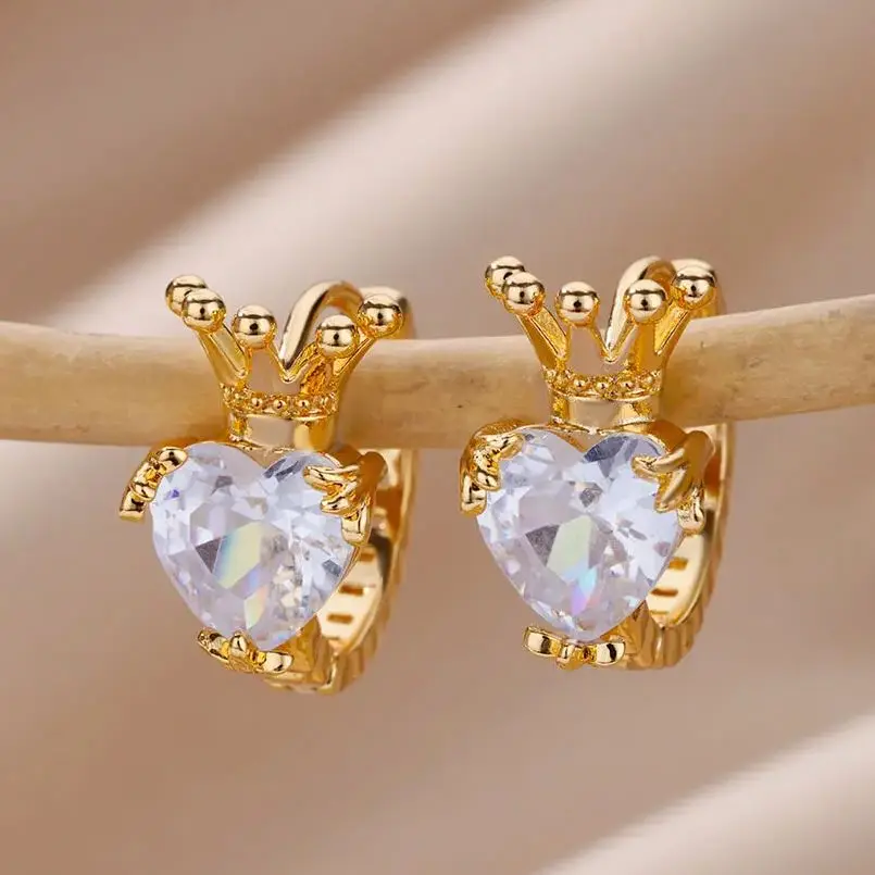 Fashion Stainless Steel Zircon Crown Heart Stud Earrings for Women