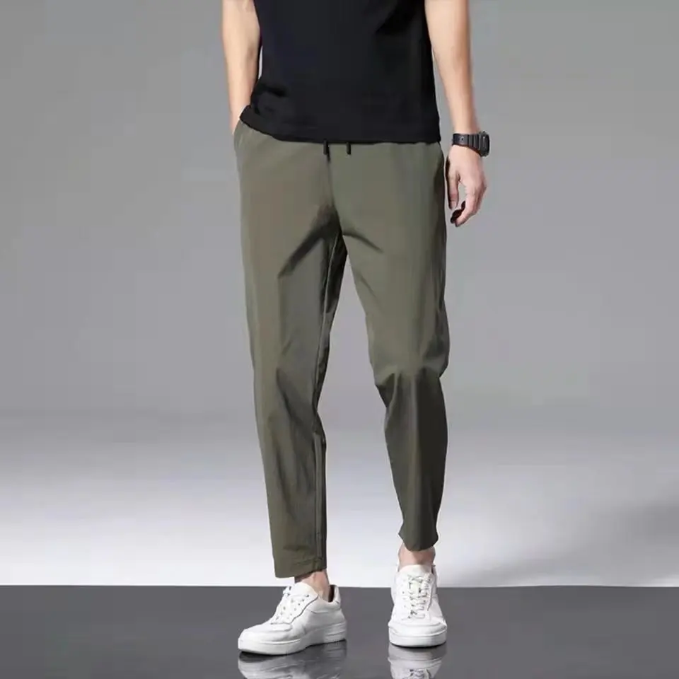 Spring Men Fashion Solid Color Elastic Waist Comfortable Casual Straight Cylinder Quick Drying Multicolor Ice Shreds Trousers