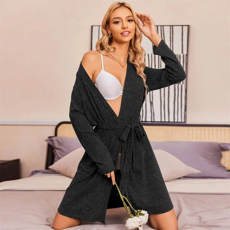 Women's Home Wear Sleeping Robe Knitted Stripe Bathrobe Pocket Knee Length Robes Spring Autumn Long Sleeve Bathrobe Female