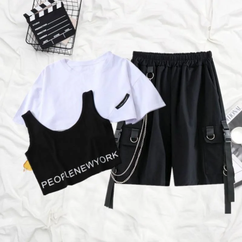 Summer new shorts suit female students Korean version of loose short-sleeved shirt tooling five-point pants two-piece trend five piece dining set pinewood white