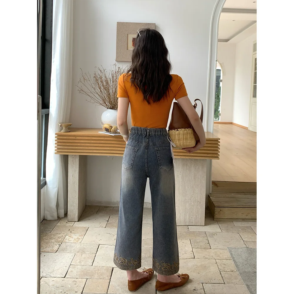 Jean droit taille haute extensible pour femme grande taille, style rétro avec broderie strass, pantalon capri pour femmes courbes, été 2026 - 2619