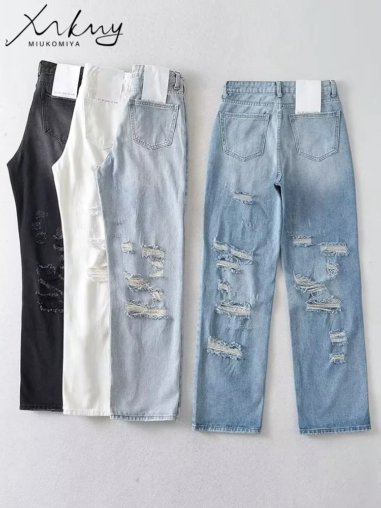 MiKoMiYa Summer Ripped Jeans For Woman High Waist Streetwear Straight Women's Denim Pants Ripped White Wide Leg Jean Trousers